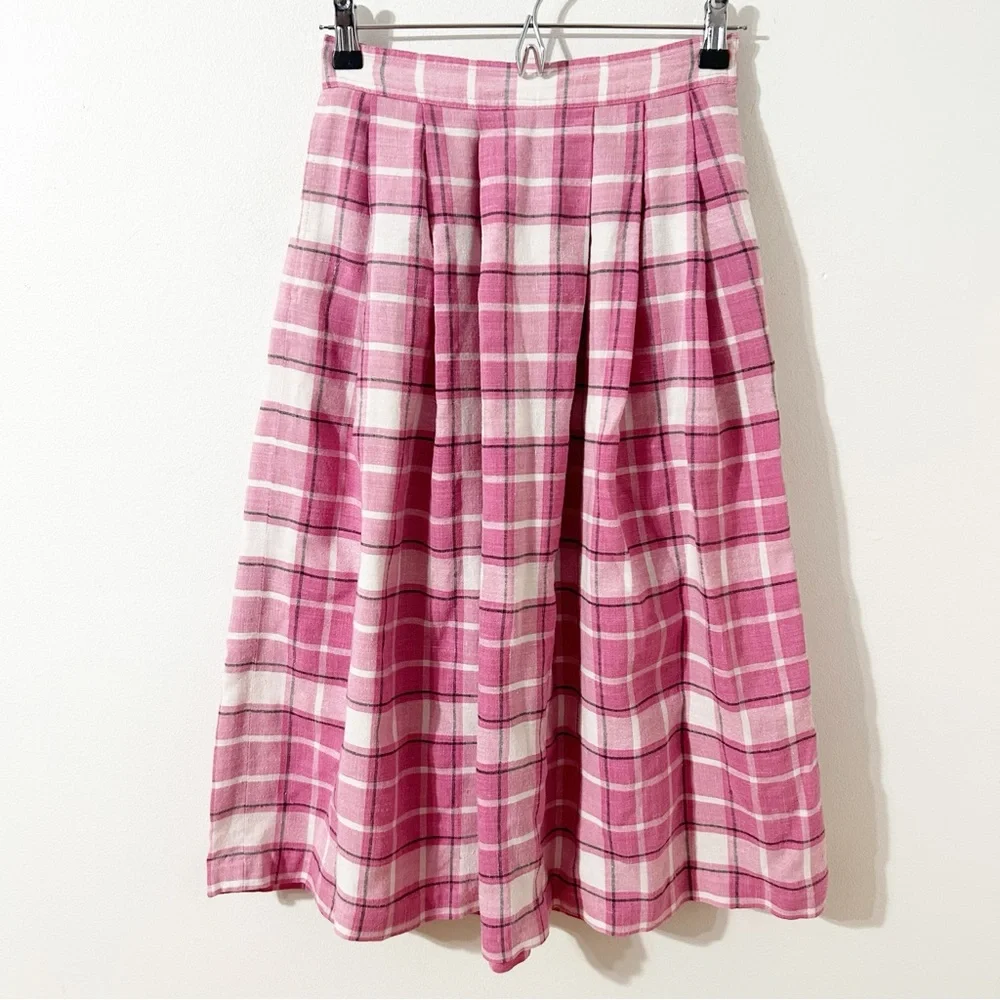 Vintage Chaus Petites Plaid Pleated Midi Skirt Banded Waist Side Button 🩷🤍🖤 - Picture 4 of 9